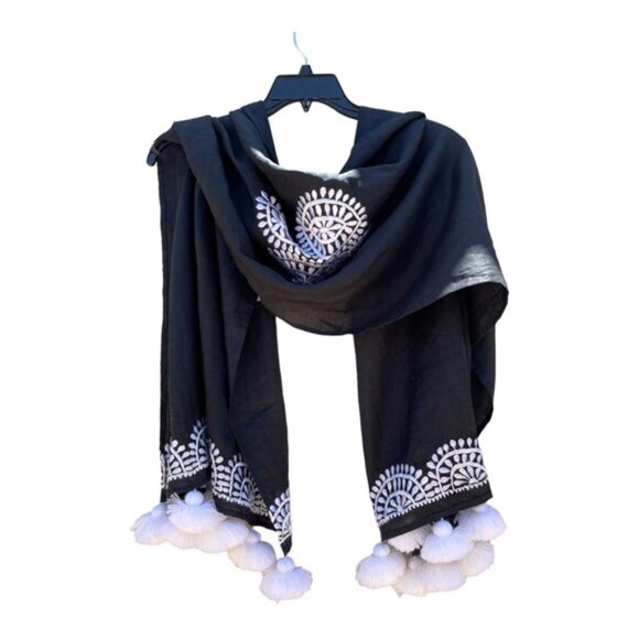 Black & White Embroidered Linen Blend Wrap/Shawl with Fringe Pom Pom's - Picture 3 of 12